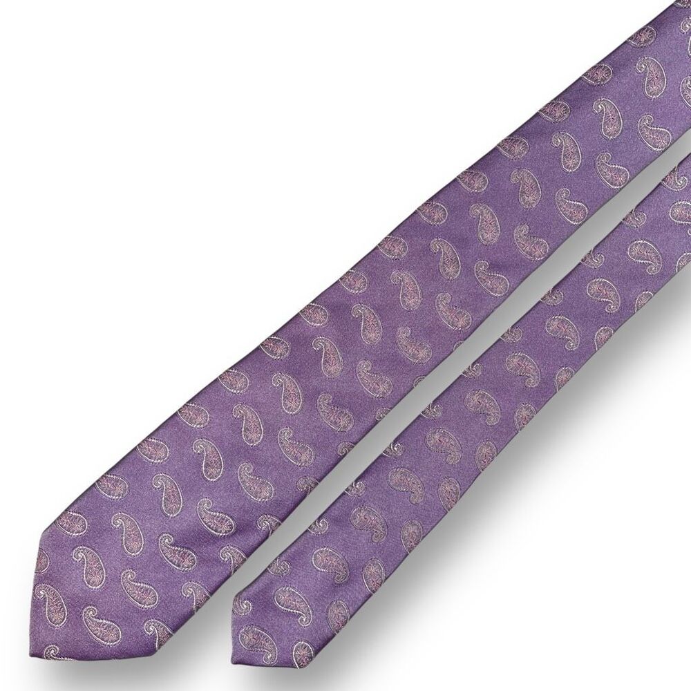 VALENTINO Men’s Purple Designer Paisley Medallion 100% Jacquard Silk Narrow Tie - Picture 3 of 9